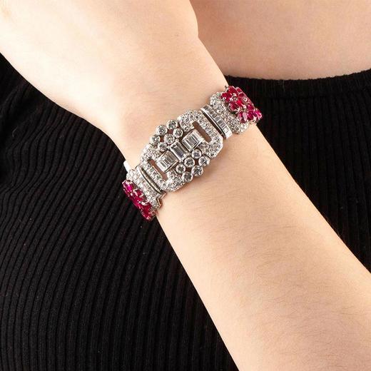 独角鹿西洋古董1930年代欧洲出品装饰艺术风格铂金镶嵌钻石及缅甸无烧红宝石手链 商品图2