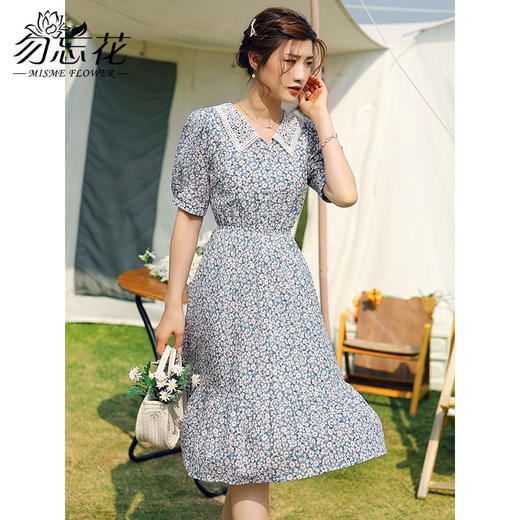 勿忘花纯棉碎花连衣裙女夏2024夏季新款气质娃娃领法式泡泡袖裙子 商品图1