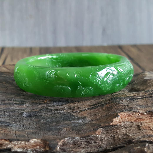 【天然正品】天然收藏级无杂裂无黑点菠菜绿牡丹花图案和田玉碧玉56号手镯56.2MM 140324XY04+ 商品图3