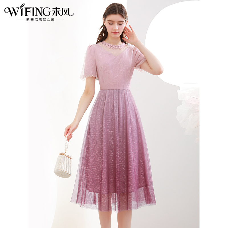 未风时尚网纱连衣裙女夏2024夏季新款名媛气质收腰显瘦泡泡袖裙子