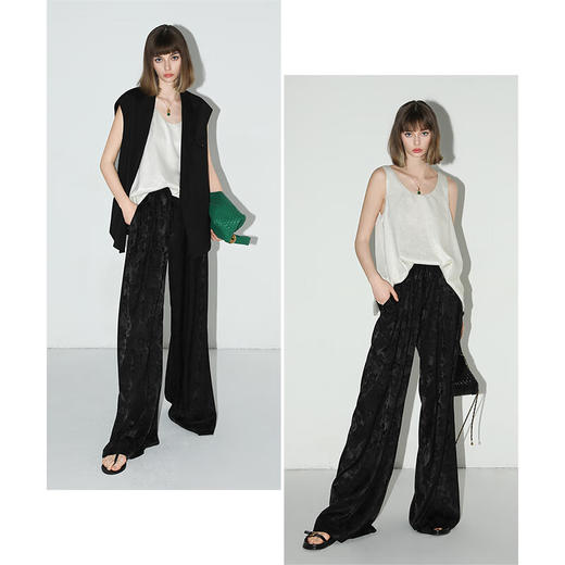 COCOBELLA新中式雾感提花缎面阔腿裤女春夏垂坠直筒裤PA0018 商品图3