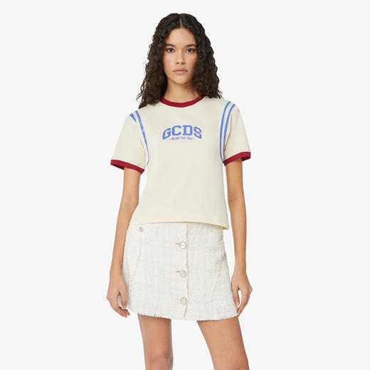 GCDS 女士字母徽标印花棉质圆领短袖T恤 米白色 A1CW2305JC515 商品图1