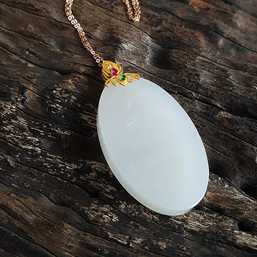 【天然正品】天然青海料椭圆型和田玉AU750黄金吊坠项链46.2*24.5*6.7MM（皆取最大值）160124XY26特价 商品图1