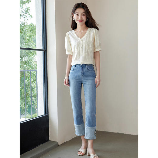 【五折购】熙世界夏女装中式国风珍珠盘扣V领绣花雪纺衬衫泡泡袖纯棉上衣 商品图5