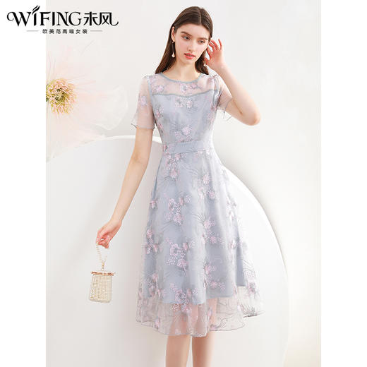 未风灰色网纱连衣裙女夏2024年夏季新款女装时尚气质优雅收腰裙子 商品图0