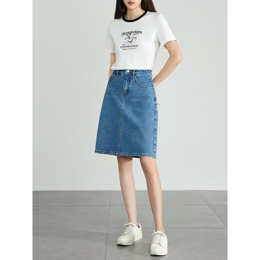 【专属特价】熙世界牛仔半身裙女小个子2025夏新款高腰气质显瘦a字直筒裙子 商品图3