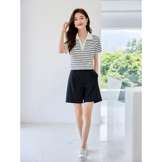 【专属特价】熙世界小香风条纹针织T恤短袖204夏季新款优雅气质POLO翻领上衣 商品图2
