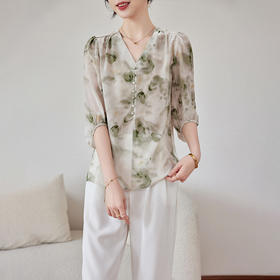 渲染水墨印花真丝，双绉V领五分袖素雅上衣KQN-11256