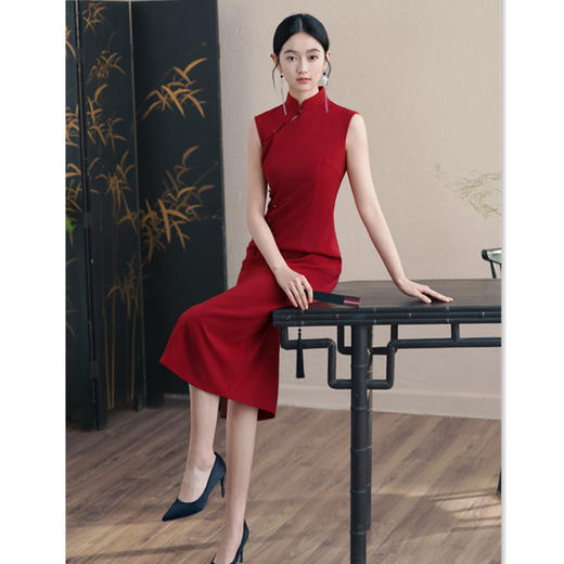 红色少女订婚旗袍，改良新中式人棉长款无袖旗袍裙GX-183690 商品图3