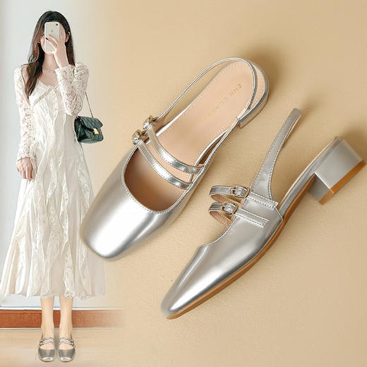 ZHR包头玛丽珍鞋2024春夏新款法式复古方头后空粗跟凉鞋女配裙子 商品图0