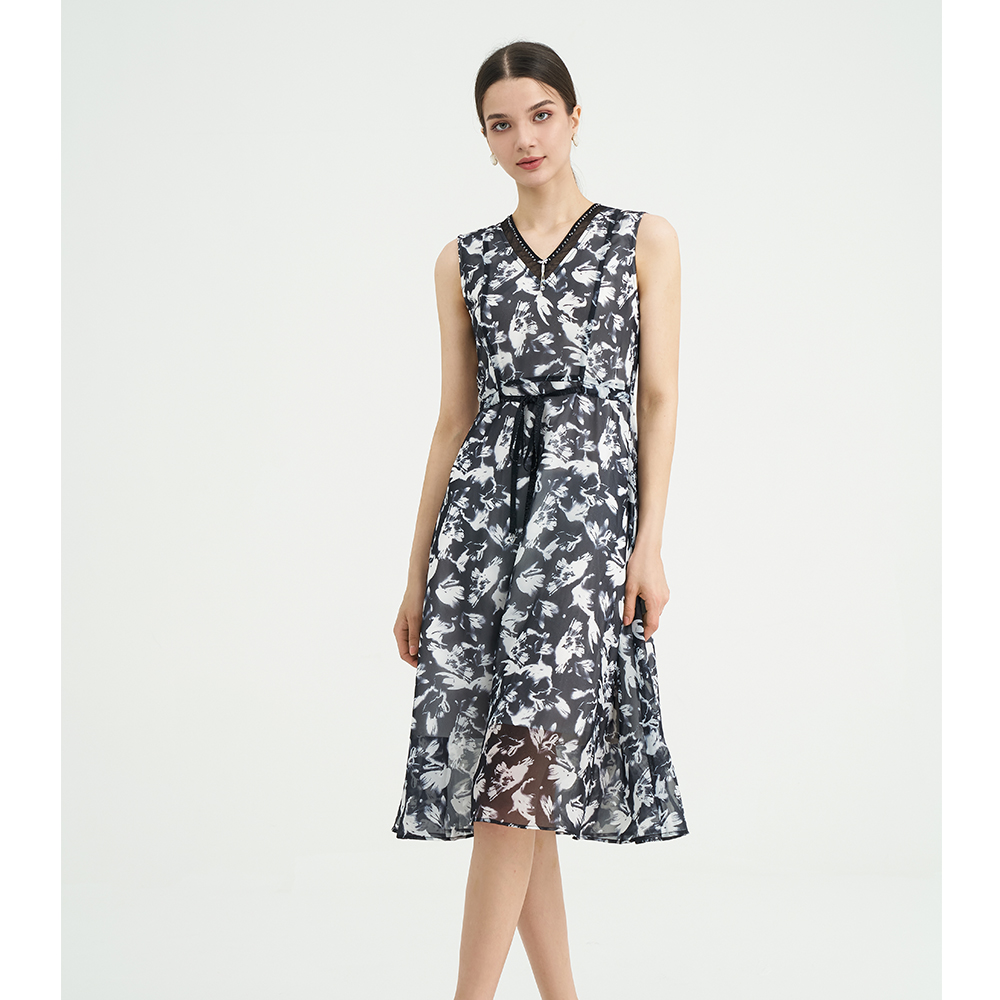 司歌雪纺水墨背心连衣裙抽绳收腰知性EA891354X