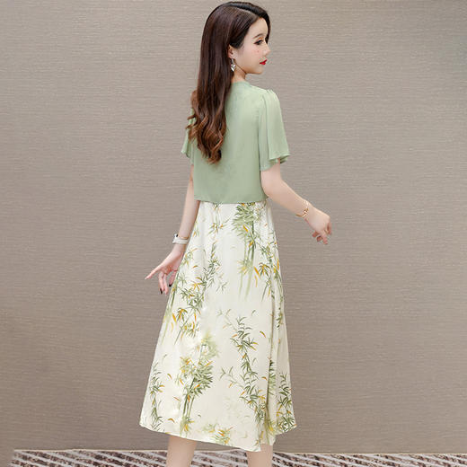 短袖印花假两件拼结高腰裙，时尚气质中长款雪纺裙QYM-LRX-ZY88326-Y 商品图2