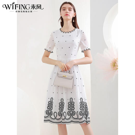 未风白色波点雪纺连衣裙女夏2025年夏季新款修身优雅气质短袖裙子 商品图1