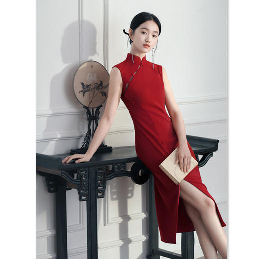 红色少女订婚旗袍，改良新中式人棉长款无袖旗袍裙GX-183690 商品图2