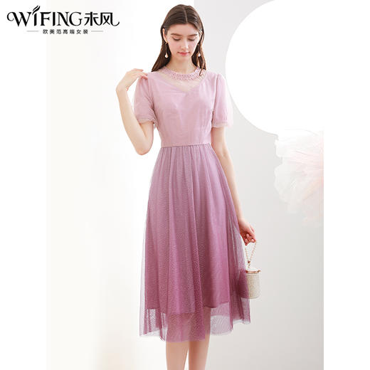 未风时尚网纱连衣裙女夏2024夏季新款名媛气质收腰显瘦泡泡袖裙子 商品图1