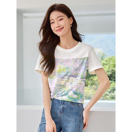【五折购】【莫奈联名】熙世界名画睡莲印花T恤短袖夏艺术感时尚洋气上衣 商品图0
