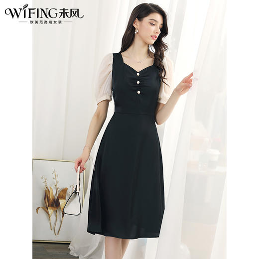 未风黑色拼接连衣裙女夏2024夏季新款女装气质假两件修身显瘦裙子 商品图0