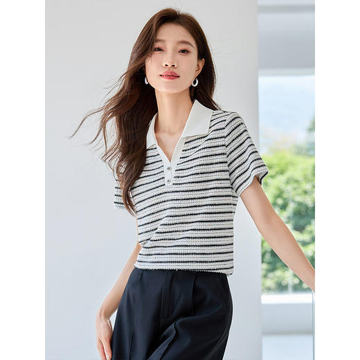 【专属特价】熙世界小香风条纹针织T恤短袖204夏季新款优雅气质POLO翻领上衣 商品图0