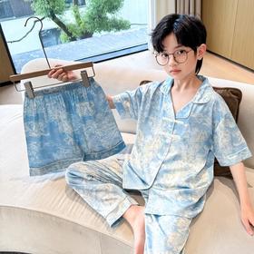 2024夏季新款儿童短袖短裤长裤中国风印花三件套男童A类冰丝套装
