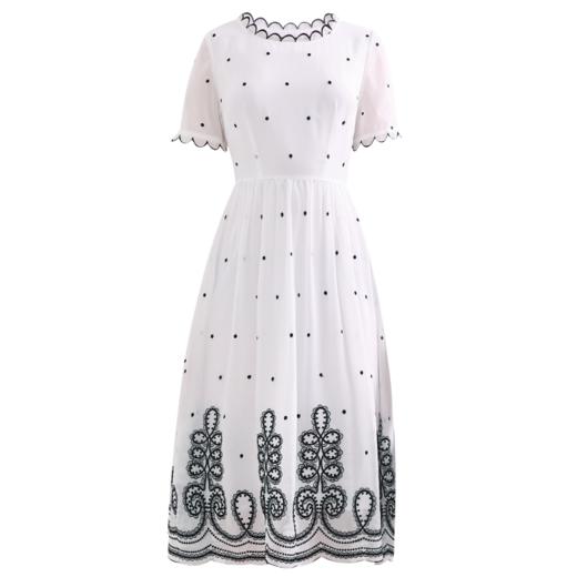 未风白色波点雪纺连衣裙女夏2025年夏季新款修身优雅气质短袖裙子 商品图4