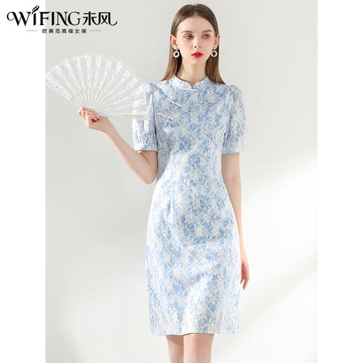 未风蓝色改良旗袍连衣裙女夏2024夏季新款女装蕾丝新中式显瘦裙子 商品图2