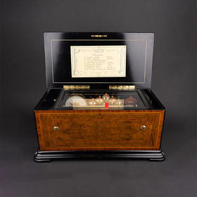 独角鹿西洋古董1875年代瑞士出品细木镶嵌外箱滚轴式蜜蜂铃铛音乐盒