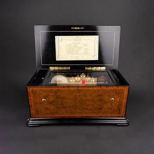 独角鹿西洋古董1875年代瑞士出品细木镶嵌外箱滚轴式蜜蜂铃铛音乐盒 商品图0