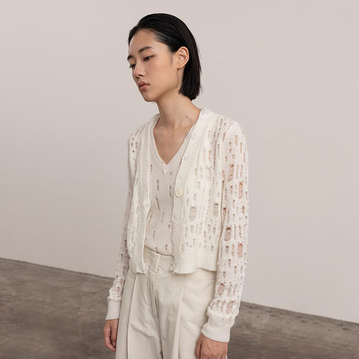 322工房新意短毛绒女士圈圈纱羊毛破洞开衫秋冬镂空长袖上衣B124 商品图0