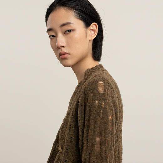 322工房新意短毛绒女士圈圈纱羊毛破洞开衫秋冬镂空长袖上衣B124 商品图2