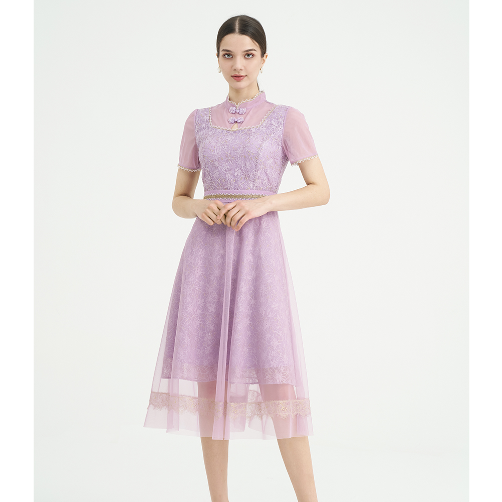 司歌刺绣短袖收腰连衣裙蕾丝女人味A891390X