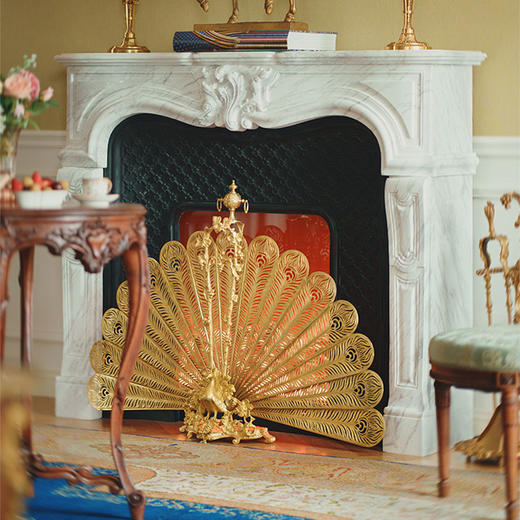 【已售】独角鹿西洋古董1890年代法国出品铜鎏金精雕孔雀开屏造型壁炉屏风 商品图1