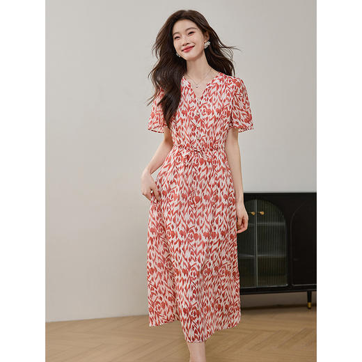 【专属特价】熙世界法式浪漫红色印花连衣裙夏季新款飞飞袖优雅气质收腰裙子 商品图1