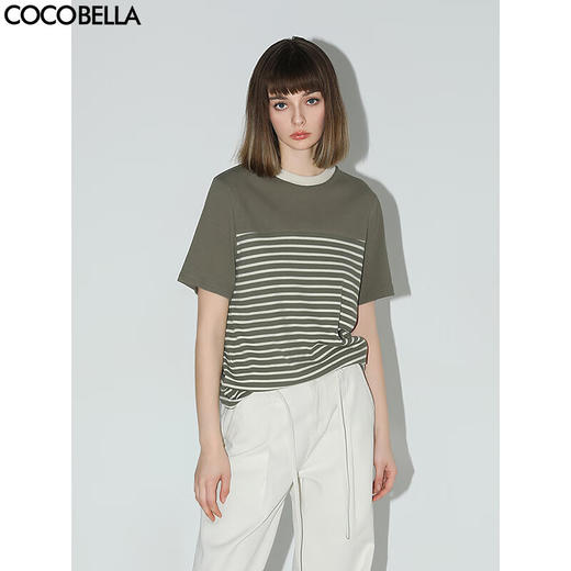 【秒杀】COCOBELLA软糯细针多色条纹针织短袖T恤夏撞色拼接上衣TS7022 商品图2