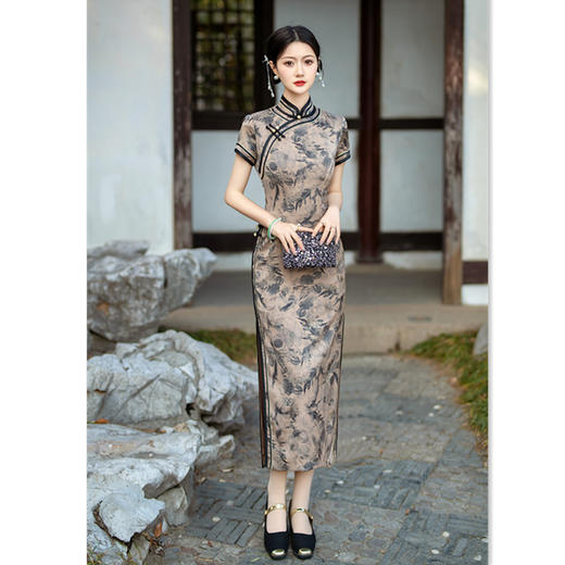 复古国风仿香云纱长款，烫金宽边旗袍GT-0890 商品图3