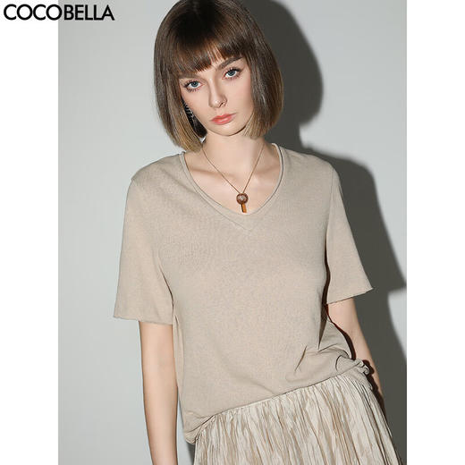 COCOBELLA竹节棉白色短袖T恤基础款V领随性毛边上衣TS7017-2 商品图2