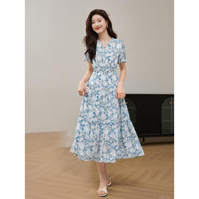 【专属特价】熙世界小雏菊碎花连衣裙度假风2025夏新款气质清新蓝色雪纺裙子