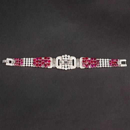 独角鹿西洋古董1930年代欧洲出品装饰艺术风格铂金镶嵌钻石及缅甸无烧红宝石手链 商品图0