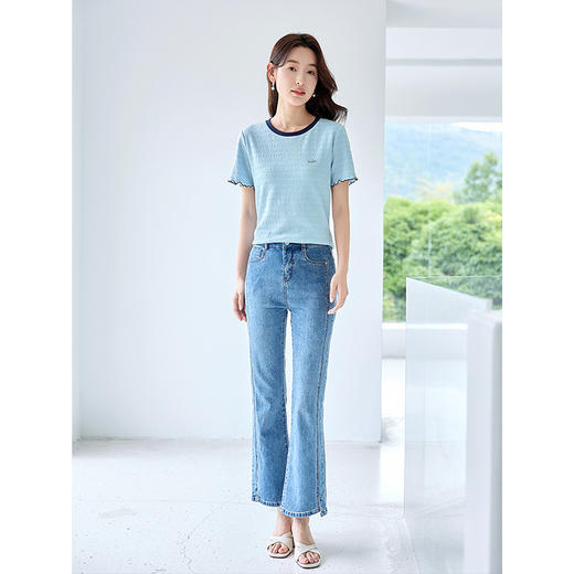 【专属特价】熙世界肌理感针织T恤女短袖2025夏装新款撞色圆领正肩体恤上衣 商品图2