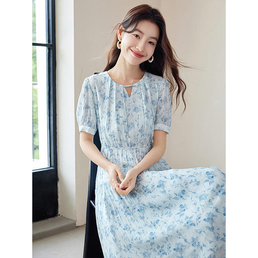 【专属特价】熙世界浪漫气质雪纺碎花连衣裙2025夏季新款高腰显瘦泡泡袖裙子 商品图2