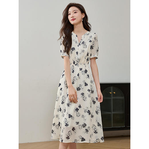 【专属特价】熙世界夏装水墨碎花连衣裙女2025新款洋气时尚气质雪纺妈妈裙子 商品图0