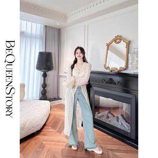 BeQueenStory【雾色庄园】设计感收褶打钉阔腿直筒裤高腰复古牛仔裤 商品图4