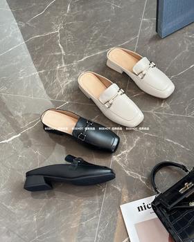 新品女士牛皮粗跟包头女拖鞋947B42526（W）