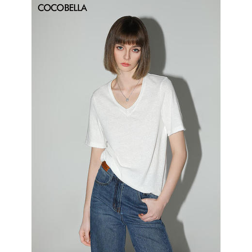 COCOBELLA竹节棉白色短袖T恤基础款V领随性毛边上衣TS7017-2 商品图1