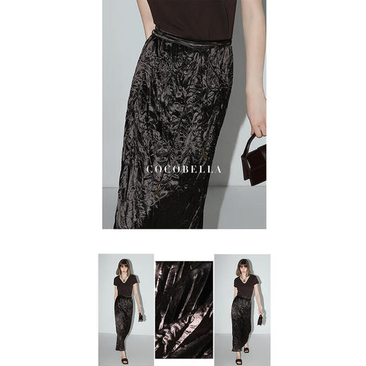 COCOBELLA老钱风缎面手工压褶半身裙夏后开叉长裙筒裙HS3019 商品图2