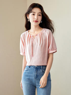 【专属特价】熙世界新中式流苏扣圆领提花短袖醋酸雪纺衬衫2025夏季国风上衣