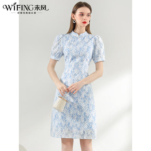 未风蓝色改良旗袍连衣裙女夏2024夏季新款女装蕾丝新中式显瘦裙子 商品图1