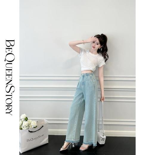 BeQueenStory【雾色庄园】设计感收褶打钉阔腿直筒裤高腰复古牛仔裤 商品图2