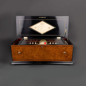 独角鹿西洋古董1875年代瑞士出品细木镶嵌外箱滚轴式飞鸟铃铛音乐盒