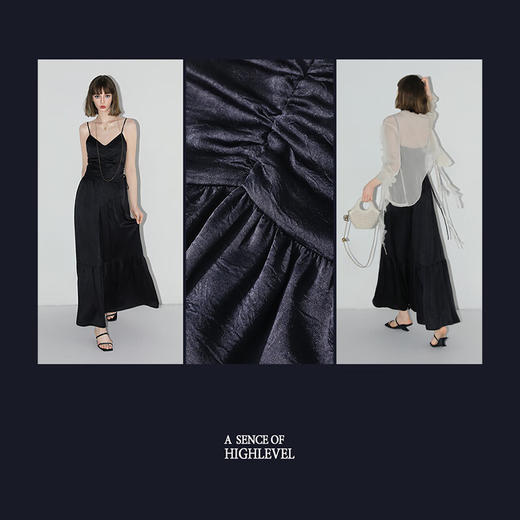 COCOBELLA老钱风褶皱缎面吊带连衣裙女设计感抽褶长裙FR3028B 商品图2
