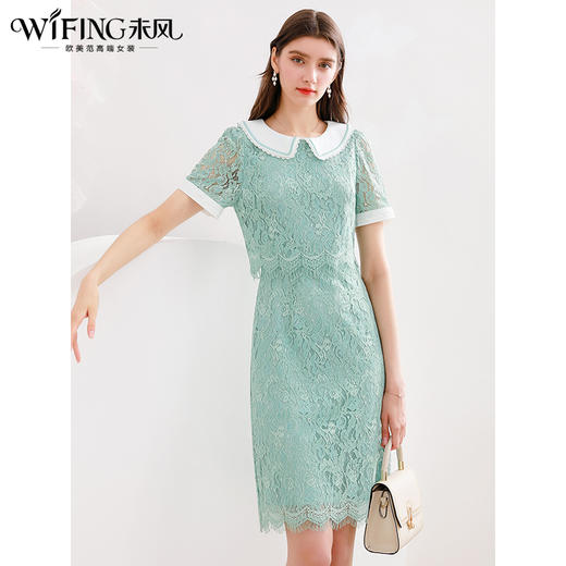 未风绿色蕾丝连衣裙女夏2024夏季新款娃娃领气质优雅减龄短袖裙子 商品图1